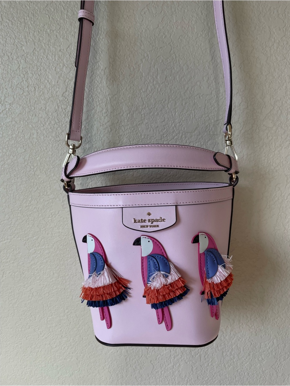 Kate Spade Pippa Flock Party Parrot Pink Leather Bucket Crossbody Bag